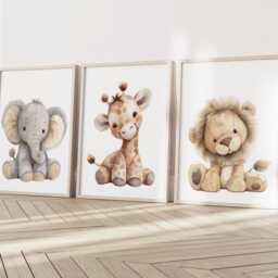Safari Giraffe Lion Elephant Animal Baby Girls Boys A4 Or A3 Nursery Set Of Unframed Prints Unisex Neutral Boho Beige Teddy Plush Zoo Jungle - thumbnail 2