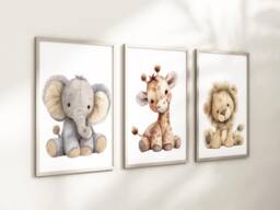 Safari Giraffe Lion Elephant Animal Baby Girls Boys A4 Or A3 Nursery Set Of Unframed Prints Unisex Neutral Boho Beige Teddy Plush Zoo Jungle - thumbnail 1