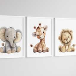 Safari Giraffe Lion Elephant Animal Baby Girls Boys A4 Or A3 Nursery Set Of Unframed Prints Unisex Neutral Boho Beige Teddy Plush Zoo Jungle - thumbnail 3