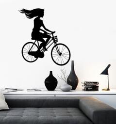 Wall Vinyl Decal Girl Riding A Bicycle Long Haired Beauty Decor Girl's Room Modern Sketch Home Art - #1167Dz - thumbnail 1