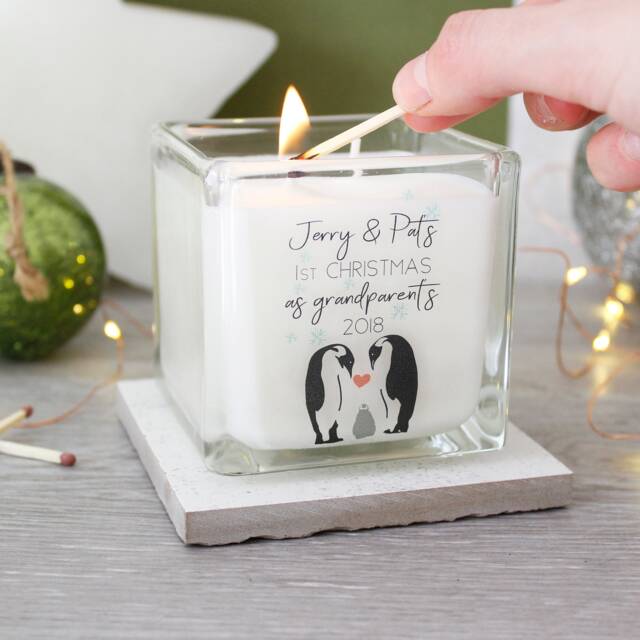First Christmas As Grandparents Candle - Personalised Penguin Family Gift Grandparent Nanna & Grandad - image 1