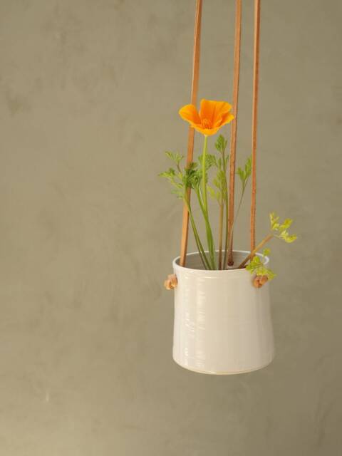Handmade White Ceramic Hanging Planter, With Brown Leather Straps, Minimalist Pottery, Flower Plant Pot, Indoor Garden - image 1