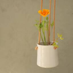 Handmade White Ceramic Hanging Planter, With Brown Leather Straps, Minimalist Pottery, Flower Plant Pot, Indoor Garden - thumbnail 2