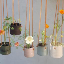 Handmade White Ceramic Hanging Planter, With Brown Leather Straps, Minimalist Pottery, Flower Plant Pot, Indoor Garden - thumbnail 4