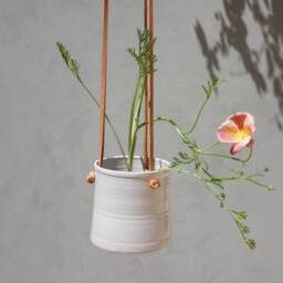Handmade White Ceramic Hanging Planter, With Brown Leather Straps, Minimalist Pottery, Flower Plant Pot, Indoor Garden - thumbnail 3