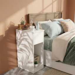20cm Slim Bedside Table, White Narrow Nightstand With Drawer & Shelf, Side Table - thumbnail 3