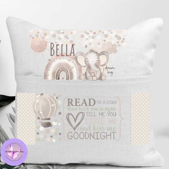 Personalised Girls Reading Cushion - Custom Name Book Pillow With Pocket Elephant Storytime For Kids Bedroom - image 1