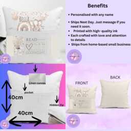 Personalised Girls Reading Cushion - Custom Name Book Pillow With Pocket Elephant Storytime For Kids Bedroom - thumbnail 2