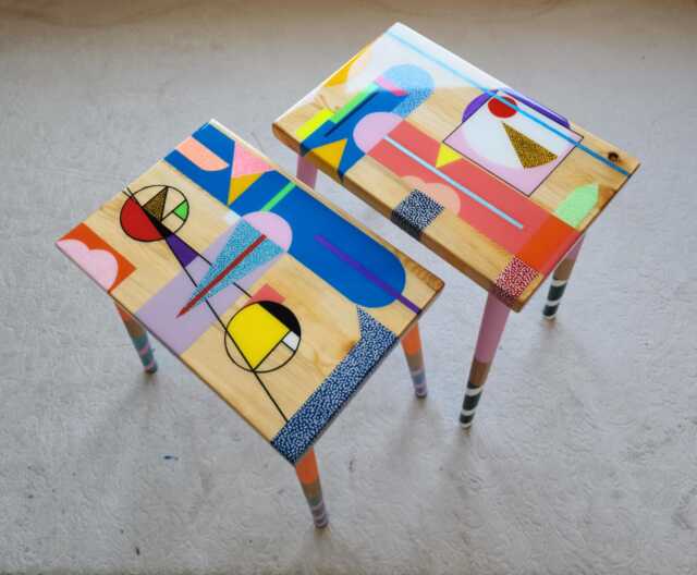 Painted Resin Wood Side Tables, Funky Abstract Art, Boho Mcm Decor - image 1