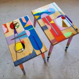 Painted Resin Wood Side Tables, Funky Abstract Art, Boho Mcm Decor - thumbnail 2