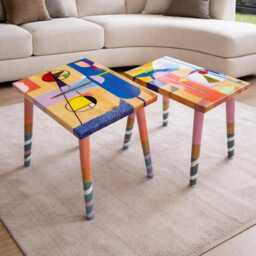 Painted Resin Wood Side Tables, Funky Abstract Art, Boho Mcm Decor - thumbnail 4