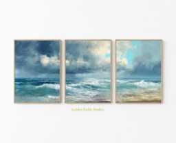 Seascape Painting Style Ocean Waves Poster Set Of 3 Coastal Wall Art - thumbnail 1