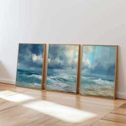 Seascape Painting Style Ocean Waves Poster Set Of 3 Coastal Wall Art - thumbnail 3