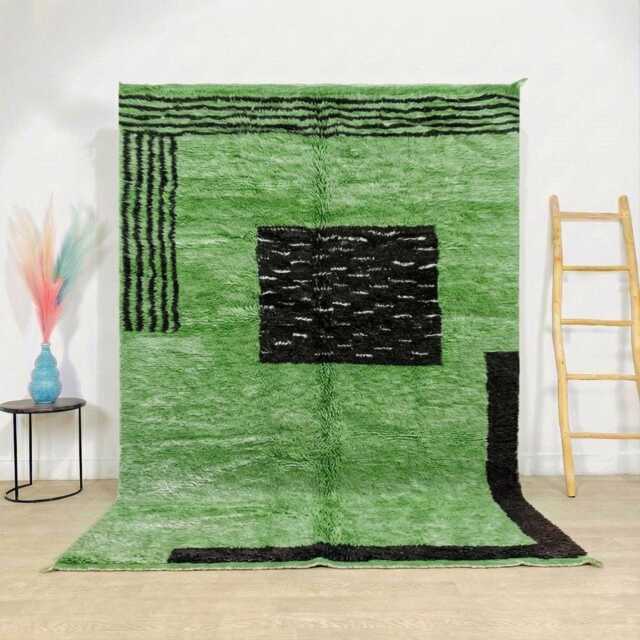 Moroccan Green Berber Rug, Handwoven Wool Shag Rug With Geometric Shapes, Authentic Beni Ourain Style Carpet, Large 9x12 Area - image 1