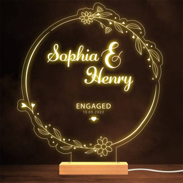 Simple Floral Wreath Engagement Personalised Gift Warm Lamp Night Light - image 1
