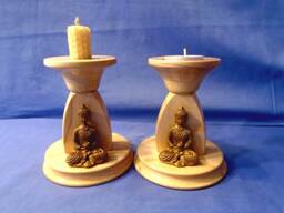 Choice Of Handmade Wooden Candle Holder Or Tea-Light Holder, With A Hand-Painted Gold Buddha Both Made in Elm Wood - thumbnail 1