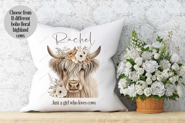 Highland Cow Cushion, Pillow, Cow, Gift, Floral Lover, Gift For Mum, Her, Bohemian Cushion - image 1