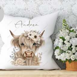 Highland Cow Cushion, Pillow, Cow, Gift, Floral Lover, Gift For Mum, Her, Bohemian Cushion - thumbnail 2