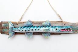 Hand Carved Reclaimed Wood Barracuda Sculpture - Caribbean Instinct Wall Art - thumbnail 1