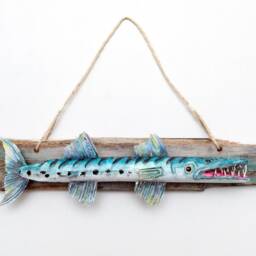 Hand Carved Reclaimed Wood Barracuda Sculpture - Caribbean Instinct Wall Art - thumbnail 4
