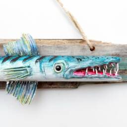 Hand Carved Reclaimed Wood Barracuda Sculpture - Caribbean Instinct Wall Art - thumbnail 2