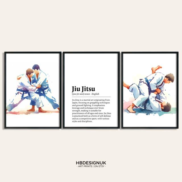 Jiu Jitsu Poster Set - 3 Prints - Wall Art Gifts Martial Arts Gift Definition Boys Bedroom Decor Kids Watercolour Artwork - image 1