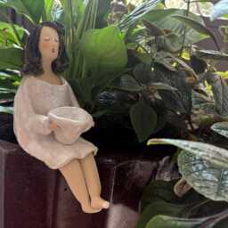 Ceramic Sculpture Of A Woman Holding Cup Coffee, Artistic Object - thumbnail 4