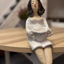 Ceramic Sculpture Of A Woman Holding Cup Coffee, Artistic Object - thumbnail 2