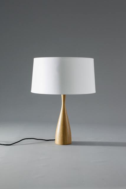 Scandinavian Table Lamp With Turned Wood Body & Cotton Shade - image 1