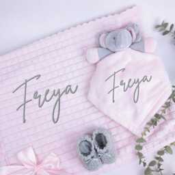 Embroidered Pink Elephant Comforter Blanket Gift Set - Baby Shower Booties Newborn Girl - thumbnail 2