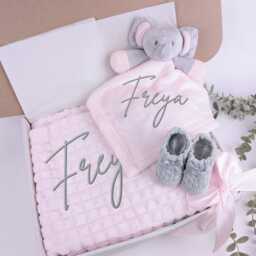 Embroidered Pink Elephant Comforter Blanket Gift Set - Baby Shower Booties Newborn Girl