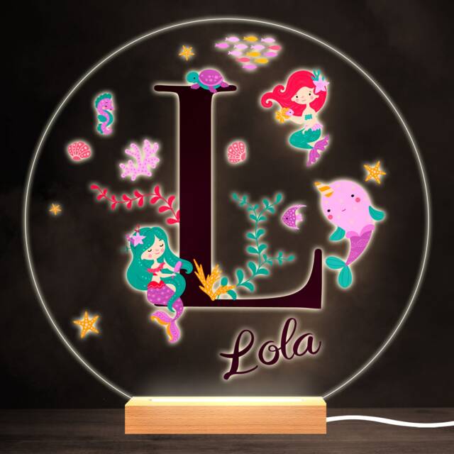 Sealife With Mermaids Alphabet Letter L Round Personalised Gift Lamp Night Light - Bedroom - image 1
