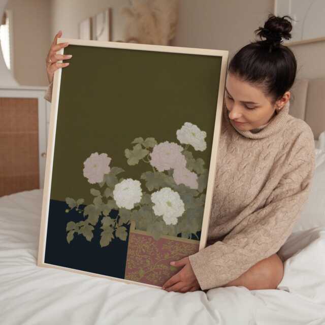 Olive Peony Print, Dark Floral Wall Art, Japanese Inspired Botanical Poster, Moody Bedroom Decor, Neutral Still Life Art - image 1