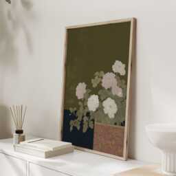 Olive Peony Print, Dark Floral Wall Art, Japanese Inspired Botanical Poster, Moody Bedroom Decor, Neutral Still Life Art - thumbnail 3