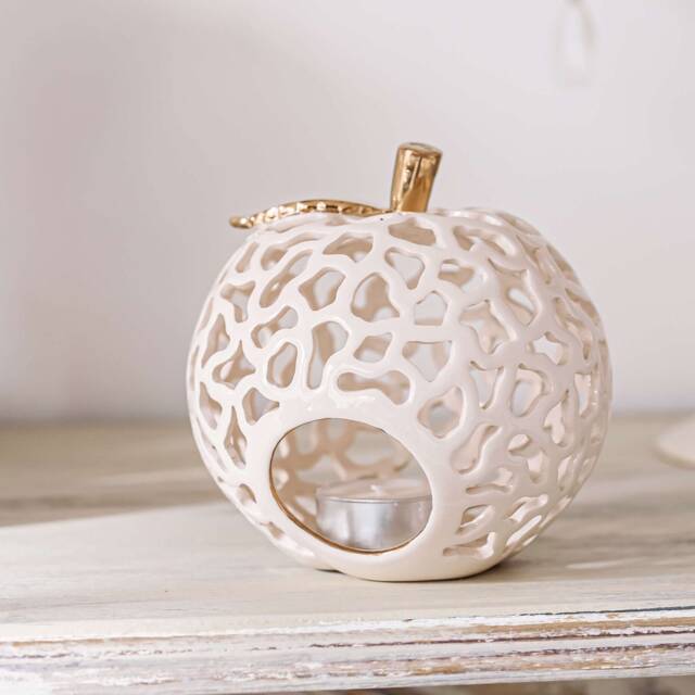 Apple Ceramic Tea Light Holder With Gold Leaf Decor - image 1