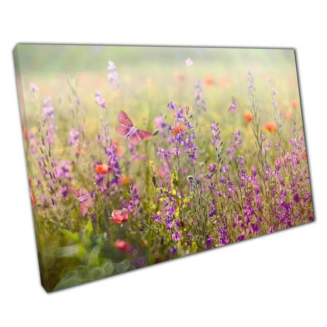 Enchanting Butterfly Meadow Canvas Print Pink & Purple Floral Wall Art For Home & Office - image 1