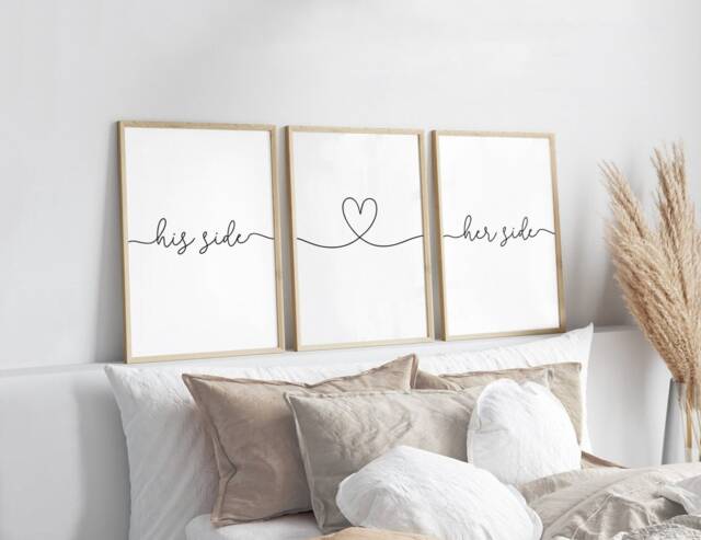 His Side Her Heart Prints, Set Of 3, Bedroom Print, Home Love Calligraphy Quote, Bed Sleep Wall Art - image 1
