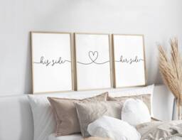 His Side Her Heart Prints, Set Of 3, Bedroom Print, Home Love Calligraphy Quote, Bed Sleep Wall Art - thumbnail 1