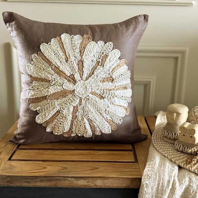 Brown Cotton Linen Pearl Work, Jute Lace Nature & Floral Contemporary Throw Pillow Cover - Mother - image 1