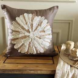 Brown Cotton Linen Pearl Work, Jute Lace Nature & Floral Contemporary Throw Pillow Cover - Mother - thumbnail 1
