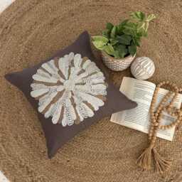 Brown Cotton Linen Pearl Work, Jute Lace Nature & Floral Contemporary Throw Pillow Cover - Mother - thumbnail 3