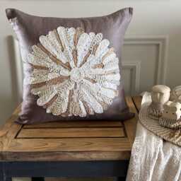 Brown Cotton Linen Pearl Work, Jute Lace Nature & Floral Contemporary Throw Pillow Cover - Mother - thumbnail 2