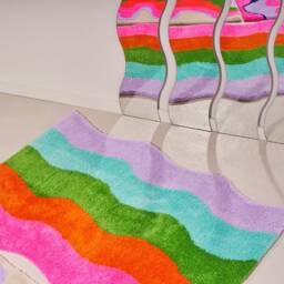 Handmade Tufted Area Rug in A Wavy Striped Rainbow Design. 70S Retro, Abstract Art, Scalloped Rug, Colorful Carpet - thumbnail 2