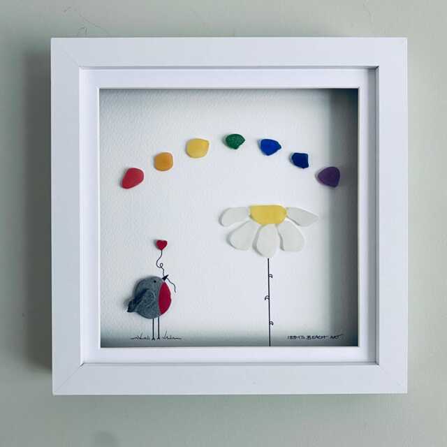 Cornish Sea Glass Wall Art Rainbow, Robin, Daisy Sentimental Framed Picture Personalised Custom Gift Handmade in Cornwall - image 1