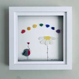 Cornish Sea Glass Wall Art Rainbow, Robin, Daisy Sentimental Framed Picture Personalised Custom Gift Handmade in Cornwall - thumbnail 1