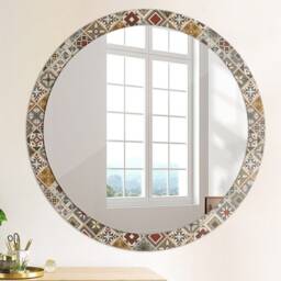 Turkish Pattern, Gray, Round Mirror Frame, Colorful, Glass Wall Art, Printed - thumbnail 4