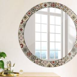 Turkish Pattern, Gray, Round Mirror Frame, Colorful, Glass Wall Art, Printed - thumbnail 2