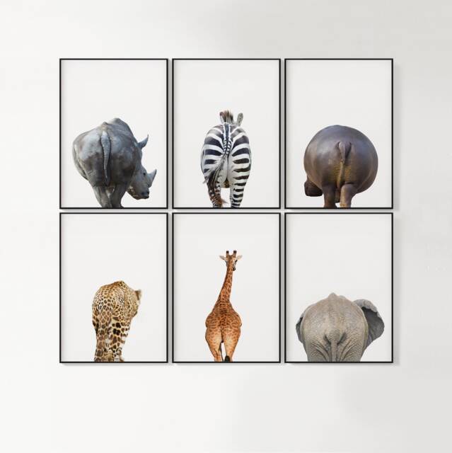 Set Of 6 Animal Butt Prints, Bathroom Wall Decor, Safari Animals, Home Nursery Art, Minimalist, Elephant, Boho Funny - image 1
