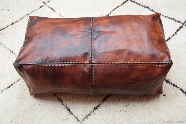 Moroccan Leather Pouf, Brownleather Pouf, Ottoman Handmade Morocco, Footstool, Berber Floor Cushion, Large Moroccan Pouf, Leather Gift - image 1