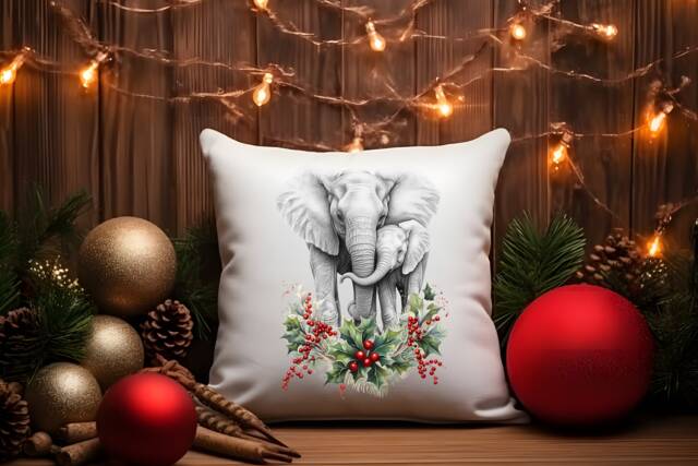 Elephant Christmas Cushion Mother & Child Flowers Holly Pillow Cover Decoration New Home Housewarming Gift Idea Feastive Season Holidays - image 1